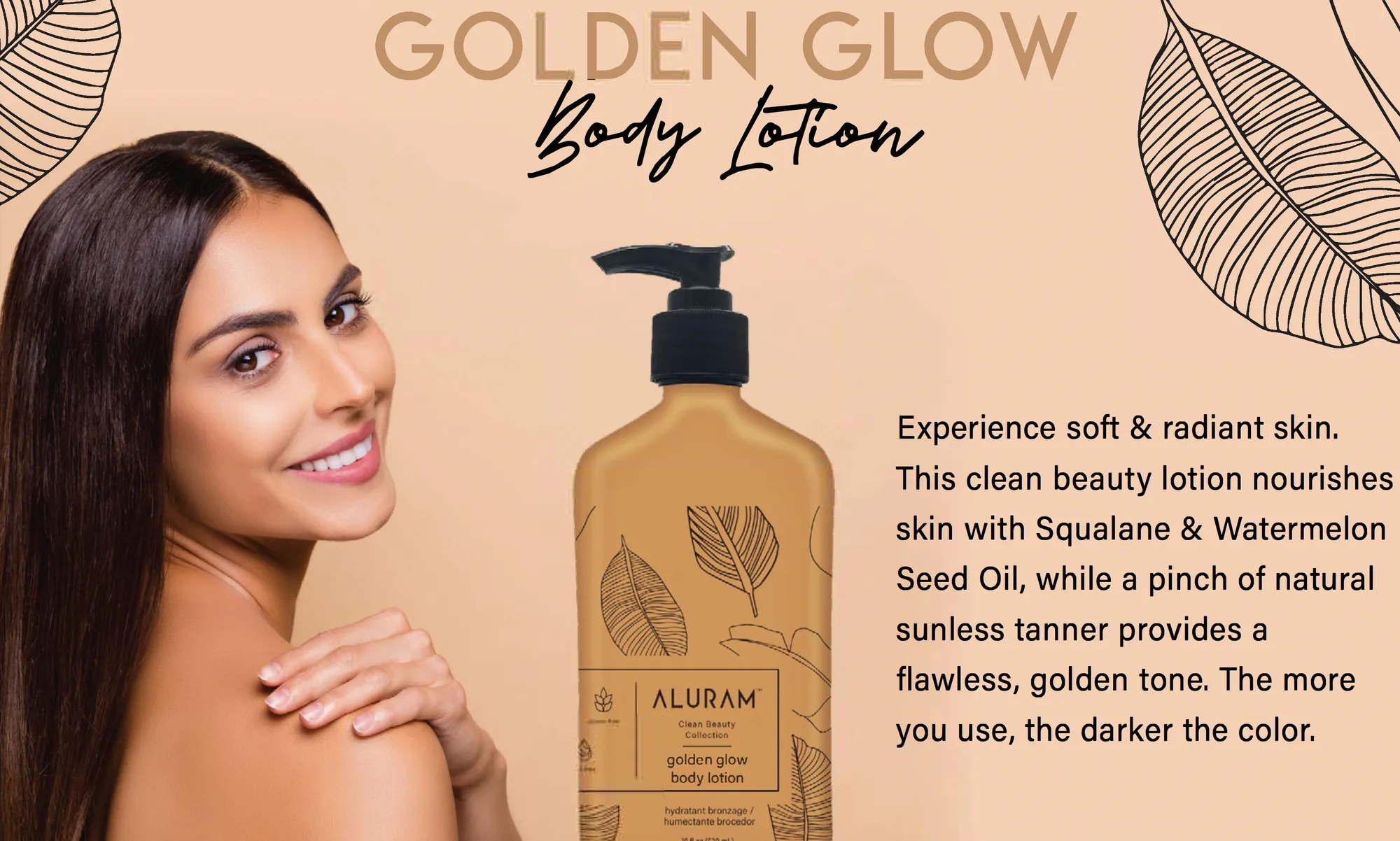 Aluram Golden Glow Body Lotion 18 oz. – 530 mL Skin Moisturizer & Natural Sunless Tanner