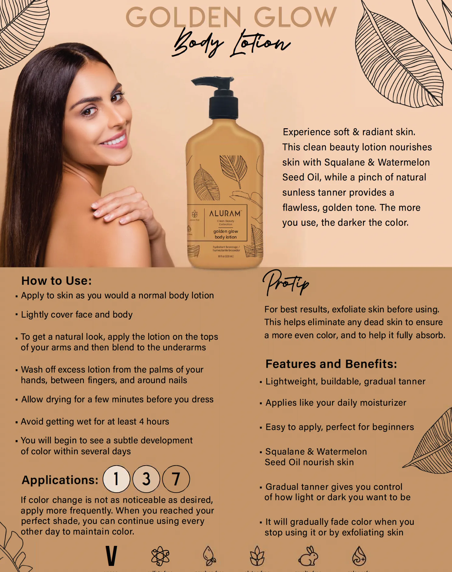 Aluram Golden Glow Body Lotion 18 oz. – 530 mL Skin Moisturizer & Natural Sunless Tanner