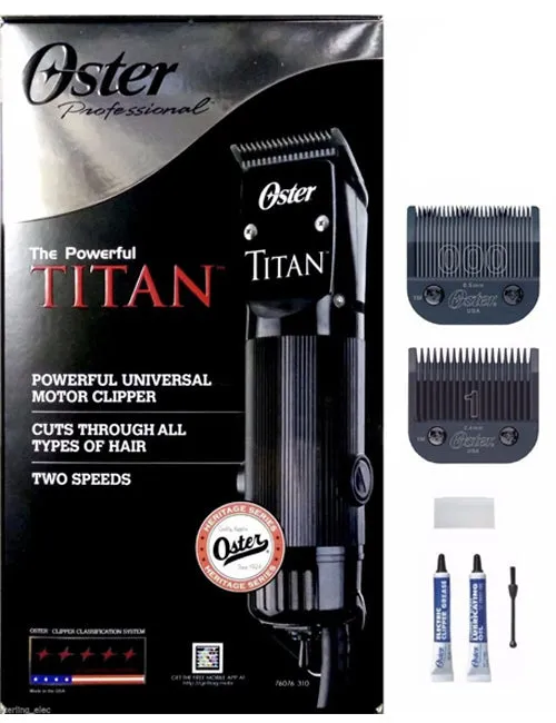 Oster Titan Clipper – 76076-310 – Universal Motor – 2 Speeds and Includes two detachable blades in sizes 000 and 1