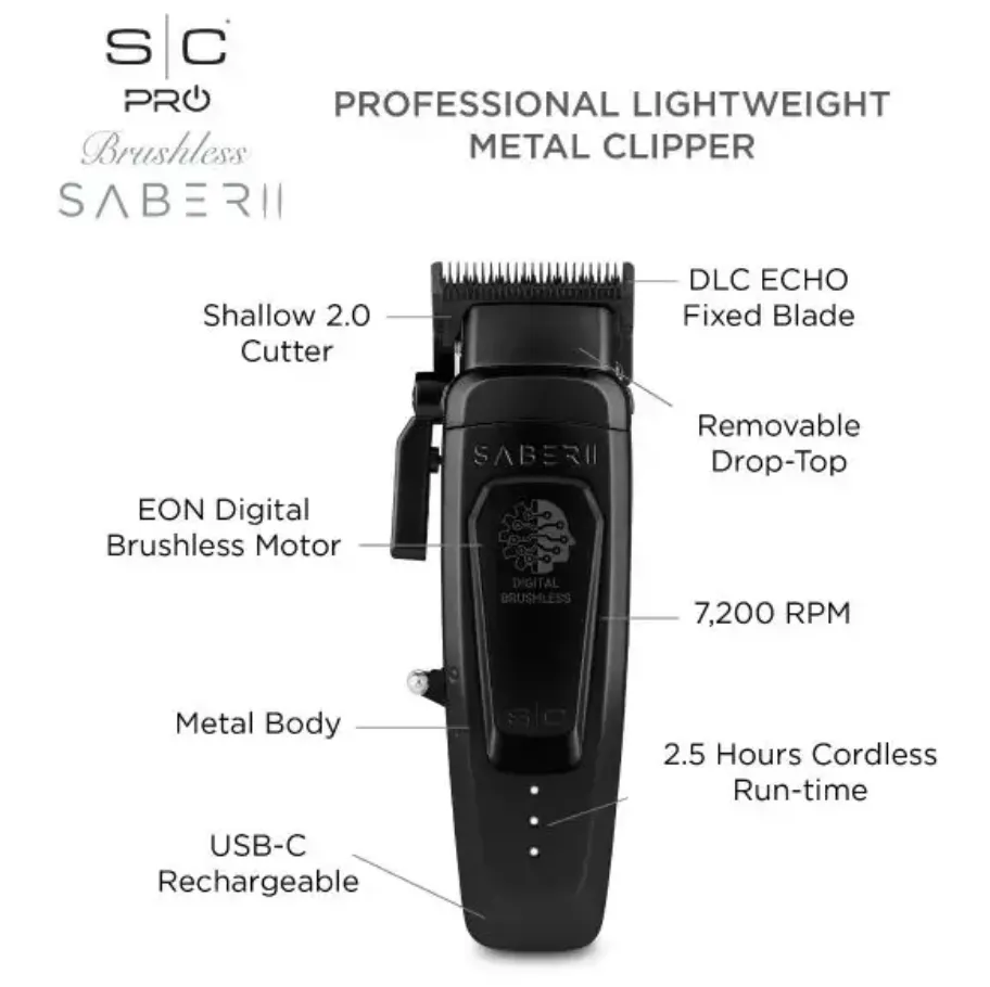 StyleCraft SABER 2 CLIPPER – PROFESSIONAL CORDLESS MODULAR HAIR CLIPPER WITH EON DIGITAL BRUSHLESS MOTOR – BLACK