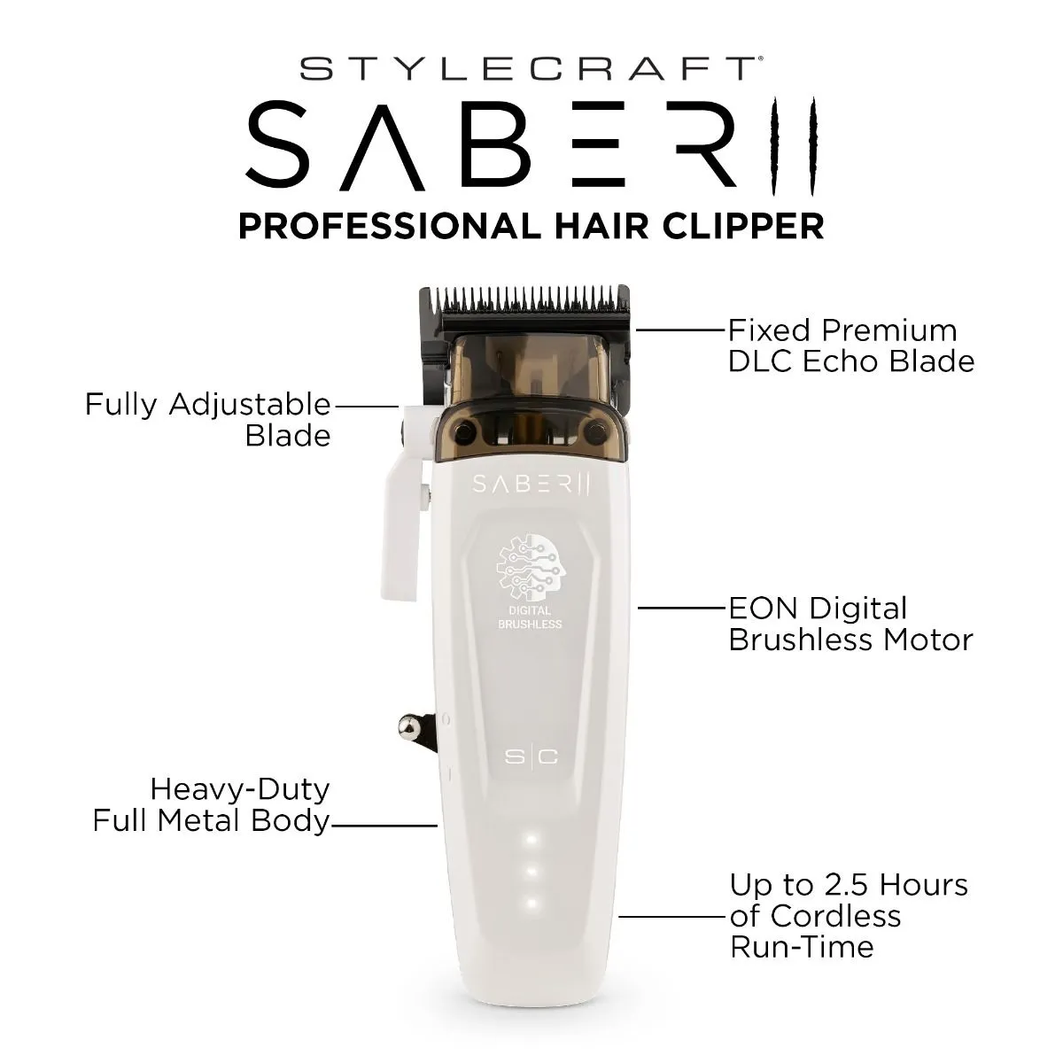 StyleCraft SABER 2 CLIPPER – PROFESSIONAL CORDLESS MODULAR HAIR CLIPPER WITH EON DIGITAL BRUSHLESS MOTOR – WHITE