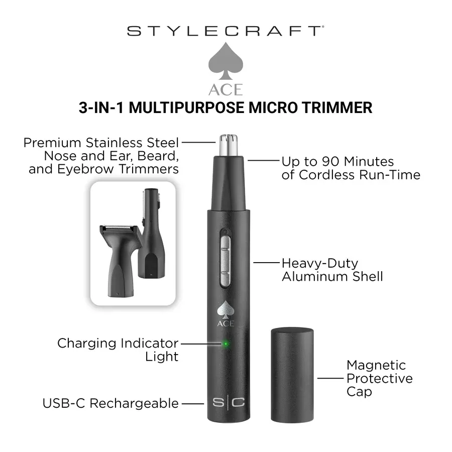 Stylecraft ACE 3-in-1 Rechargeable Multipurpose Nose/Ear/Hair Trimmer
