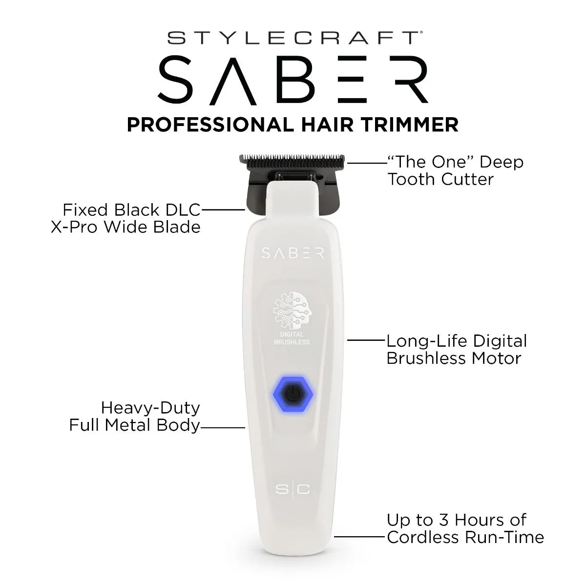 Stylecraft SABER – PROFESSIONAL FULL METAL BODY TRIMMER – WHITE