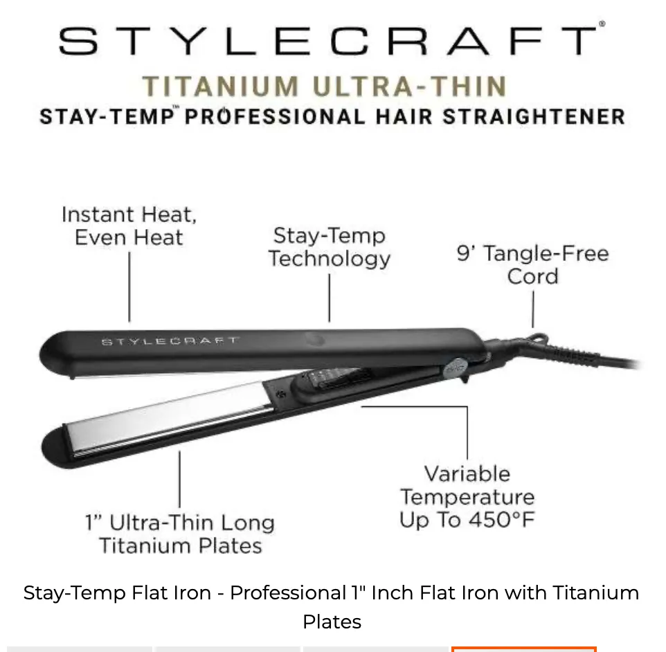 Stylecraft STAY TEMP FLAT IRON – 1″ INCH FLAT IRON WITH TITANIUM PLATES